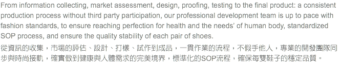 From information collecting, market assessment, design, proofing, testing to the final product: a consistent production process without third party participation, our professional development team is up to pace with fashion standards, to ensure reaching perfection for health and the needs’ of human body, standardized SOP process, and ensure the quality stability of each pair of shoes. 從資訊的收集，市場的評估、設計、打樣、試作到成品，一貫作業的流程，不假手他人，專業的開發團隊同步與時尚接軌，確實做到健康與人體需求的完美境界，標準化的SOP流程，確保每雙鞋子的穩定品質。